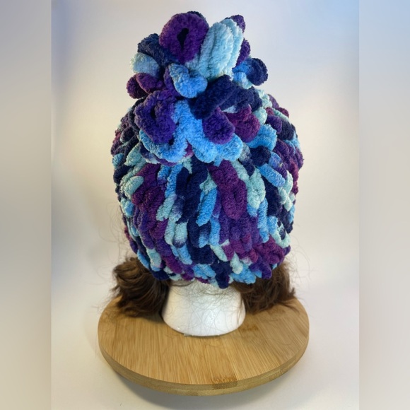 Handmade Kid’s Super Soft & Cozy Winter Hat With Loopy Pom-Pom - Purple & Blue - Picture 6 of 9